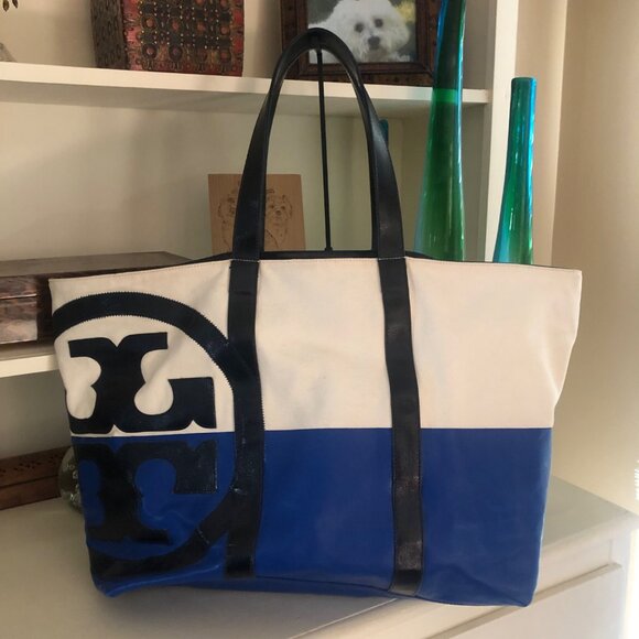 TORY BURCH Very Large Weekender Tote Bag Color block Blue - Picture 2 of 15